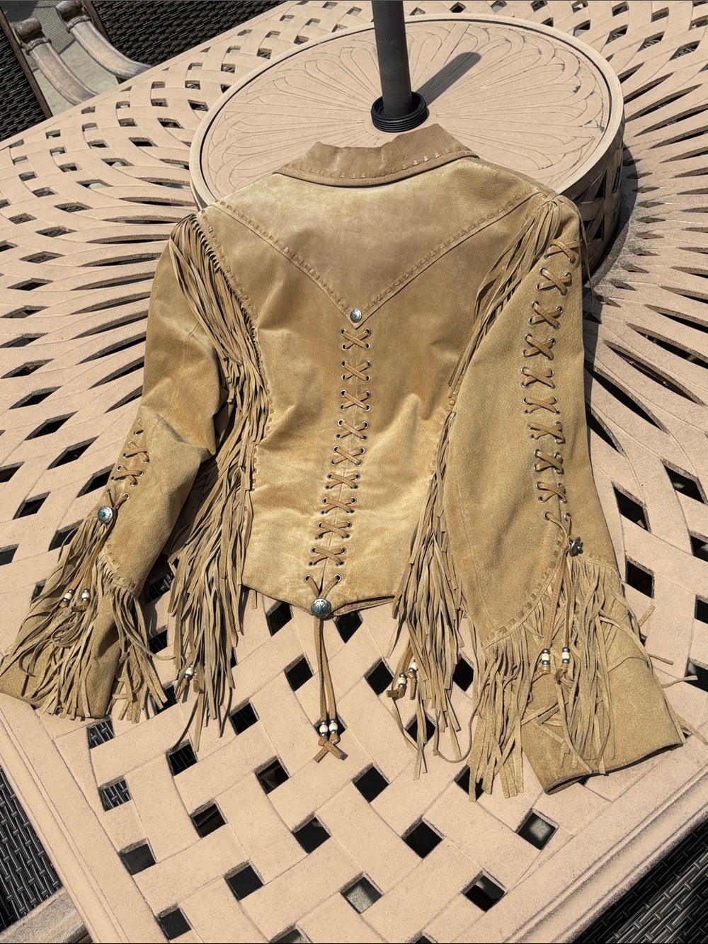 EUVC Rare Cripple Creek M L tan suede braided fringe leather coat VTG - Picture 8 of 17